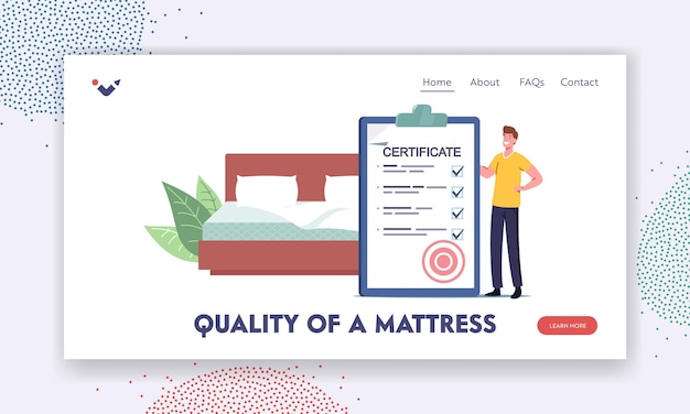 Quality of Mattress Landing Page Template. Man with Huge Certificate in Bedroom with Bed. Tiny Character Choose and Buy Correct Orthopedic Mattress for Correct Sleeping. Cartoon Vector Illustration