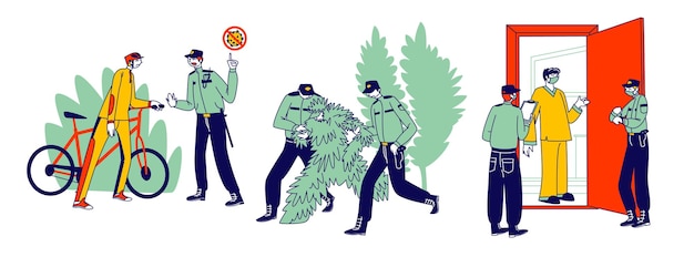 Quarantine Control Concept. Characters Violate Curfew or Self Isolation Regime, Policemen Arrest Person in Costume of Tree, Bicyclist in Park and Cheking Quarantined People. Linear Vector Illustration