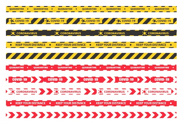 Quarantine tape. Yellow black tape for separating entrance areas. Quarantine in the house prevents the corona virus.