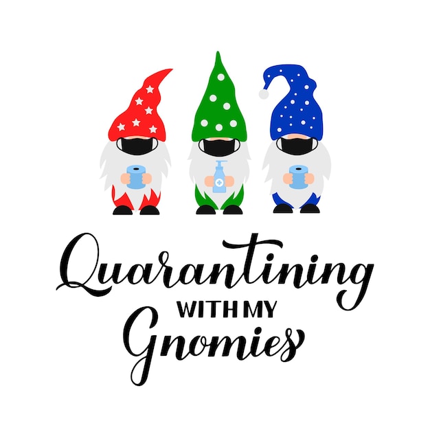 Vector quarantining with my gnomies funny quarantine quote with cute cartoon gnomes wearing masks coronavirus covid19 pandemic concept vector template for banner poster greeting card tshirt etc