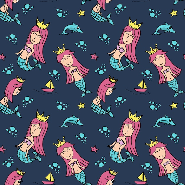 Queen of mermaid seamless pattern with cute drawing style for baby and kids.