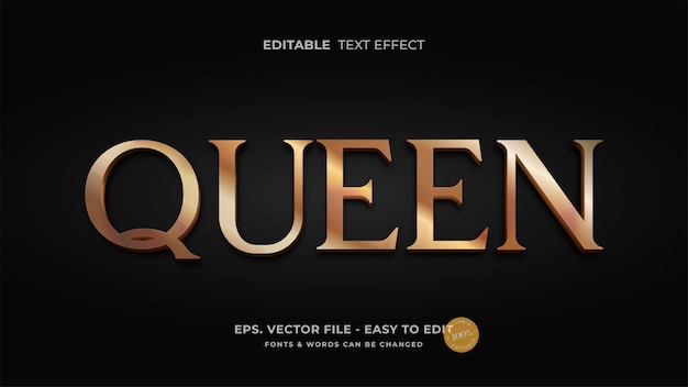 Vector queen text with luxury copper editable text effect style