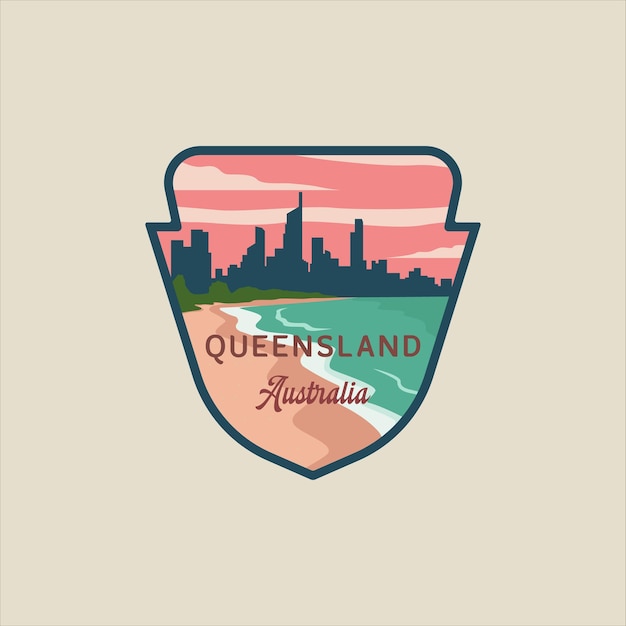 Queensland beach emblem minimalist vector illustration template icon graphic design australia island landmark banner badge and label for travel or advertising vacation concept