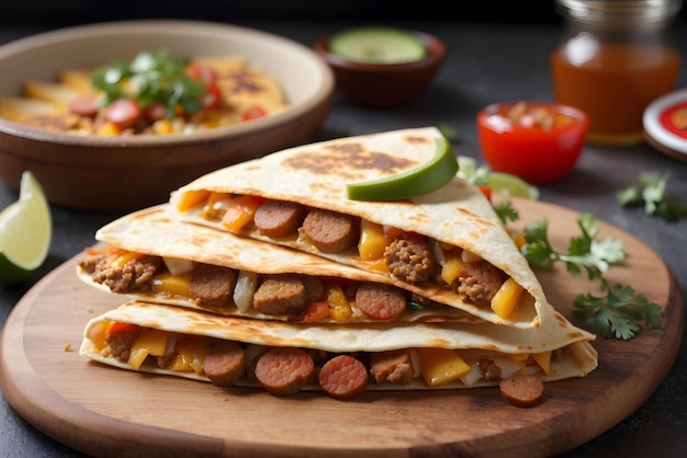 Vector quesadilla with chicken tomatoes corn cheese and chilli mexican food fast food