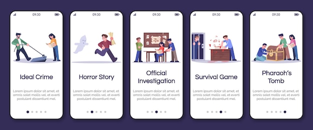 Quest room type onboarding mobile app screen vector template Ideal crime horror story survival game Walkthrough website steps with flat characters UX UI GUI smartphone cartoon interface concept