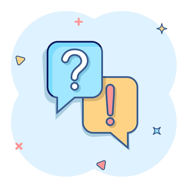 Question and answer icon in comic style Dialog speech bubble cartoon vector illustration on white isolated background Forum chat splash effect business concept