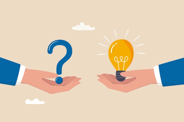 Question and answer solving problem or business solution ask for reply or idea to solve difficulty and trouble FAQ concept businessman hand holding question mark with other reply with lightbulb