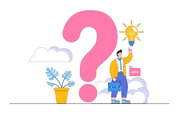 Question or problemsolving think about answer or solution contemplation doubt or concentration Frequently Asked Questions FAQ concepts Confused businessman standing near big question mark