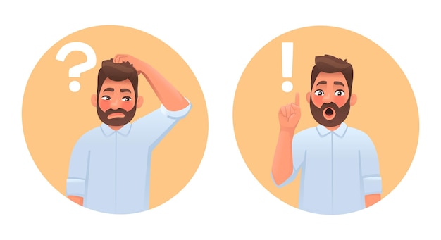 Question and solution. The businessman doubts, thinks and finds the answer. Idea. A bearded man gives advice. Vector illustration in cartoon style