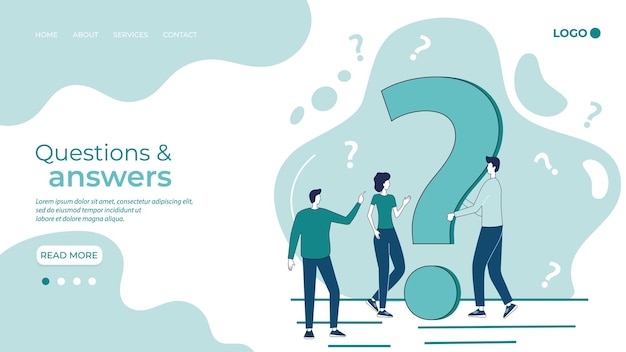 Questions and answersBusinessmen search for answers and solve problems next to a big question