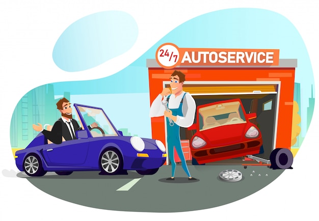 Queue to Cartoon Round-the-Clock Autoservice for Tire Replace