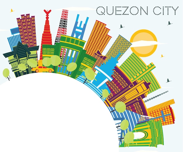 Quezon City Philippines City Skyline with Color Buildings Blue Sky and Copy Space