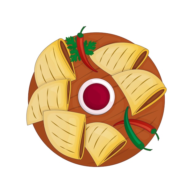 Quick Mexican snack Quesadilla with hearty filling and sauce Panfried tortillas Vector illustration