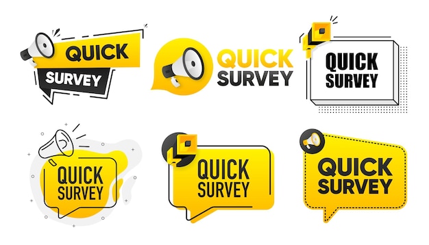 Quick Survey Megaphone label collection with text Marketing and promotion Vector Illustration