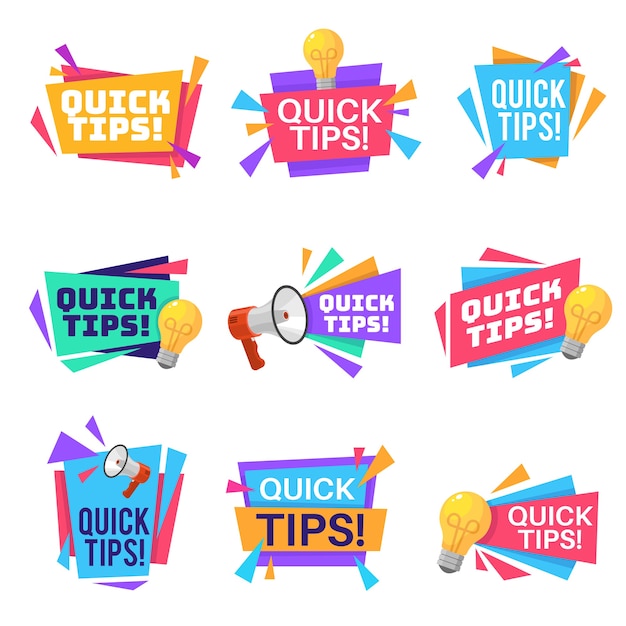 Quick tip Helpful tricks and advice blog post badges with idea light bulb