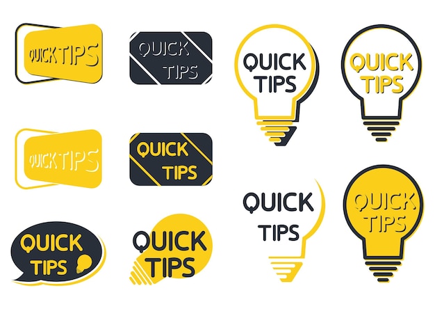 Quick tip icon set. Yellow lightbulb icons with quick tips text inside. Lamp of advice idea quickly solutions advices trick mark. Helpful tricks. Helpful idea or solution. Vector illustration