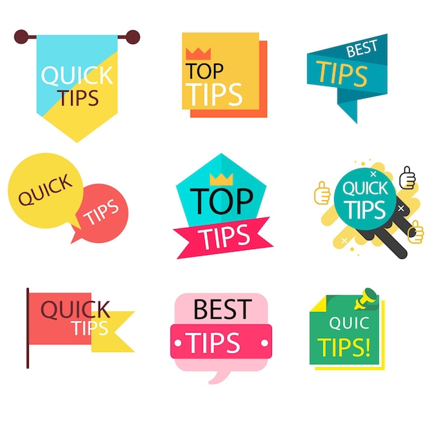 Quick tips label vector set modern style for tooltip badge solution and advice banner helpful tric