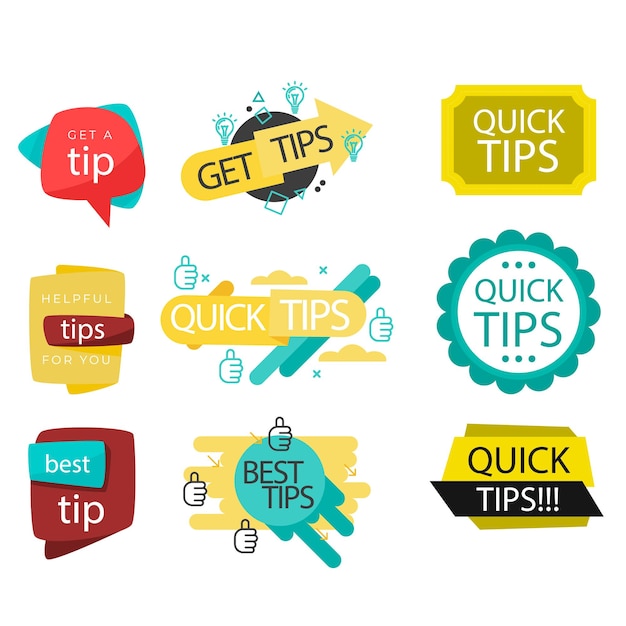 Quick tips label vector set modern style for tooltip badge solution and advice banner helpful tric