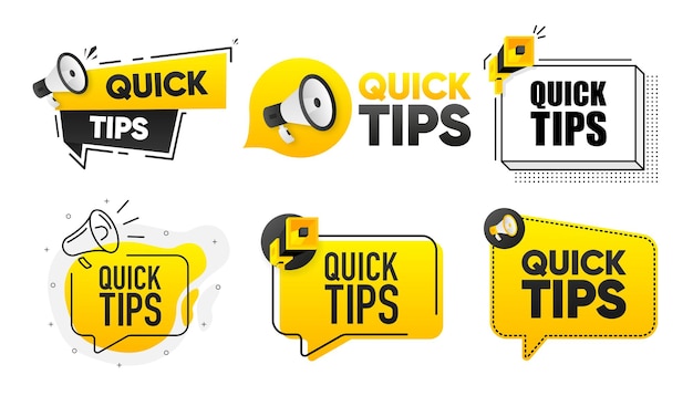 Quick Tips Megaphone label collection with text Marketing and promotion Vector Illustration