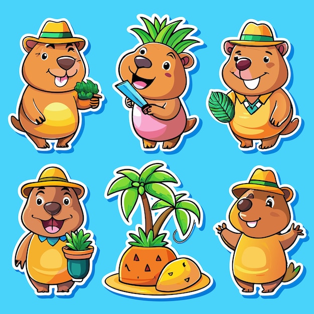 Vector quirky cartoon capybaras enjoying tropical adventures in six hilarious stickers