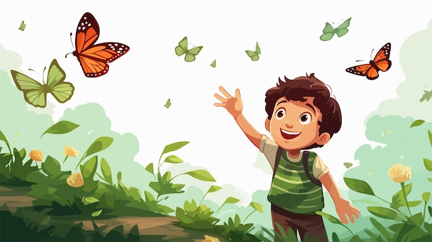 Quirky Cartoon Illustration of Boy Catching Colorful Butterflies