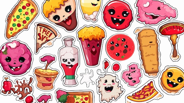 Vector quirky colorful food stickers set with pizza creative and playful food stickers collection