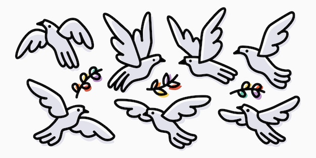 Vector quirky cute dove cartoon outline vector logo icon illustration set