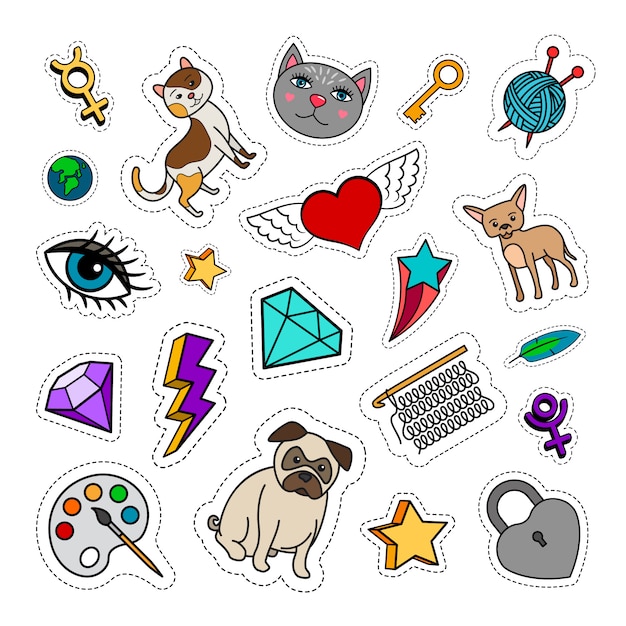 Quirky fashion patches set with animals, diamond, heart and key. Vector stickers collection