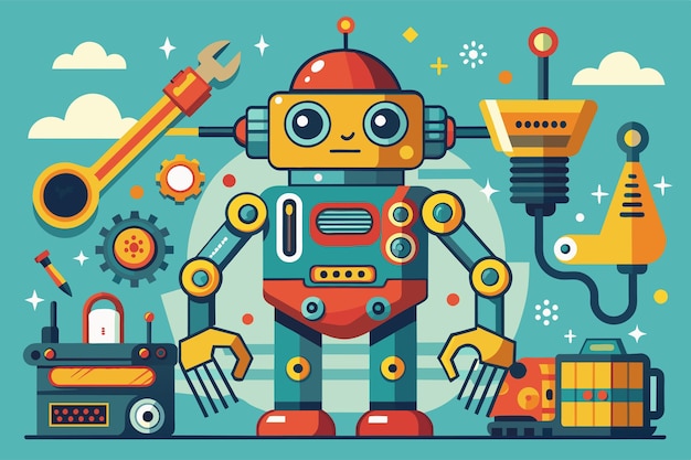 Quirky robot repairing with a variety of quirky mechanical beings vector Illustration