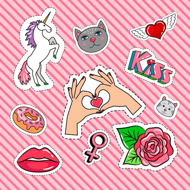 Quirky sticker set with cat, unicorn and rose. Vector stickers or patches collection