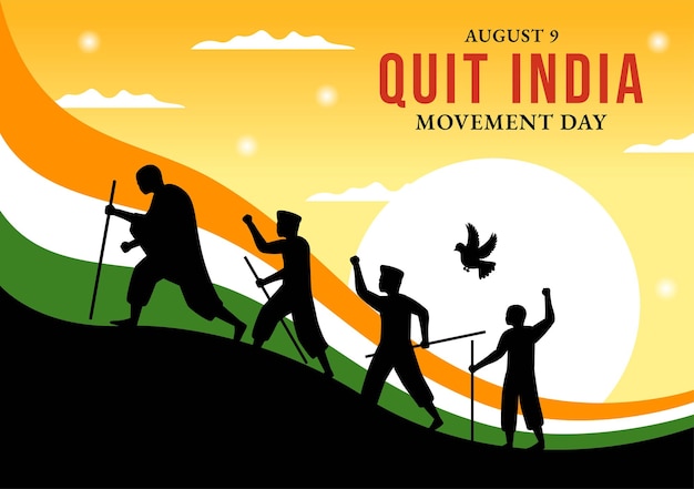 Quit India Movement Day Vector Illustration on 9 August with Indian Flag and People Silhouette