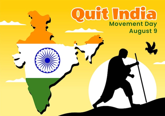 Quit India Movement Day Vector Illustration on 9 August with Indian Flag and People Silhouette