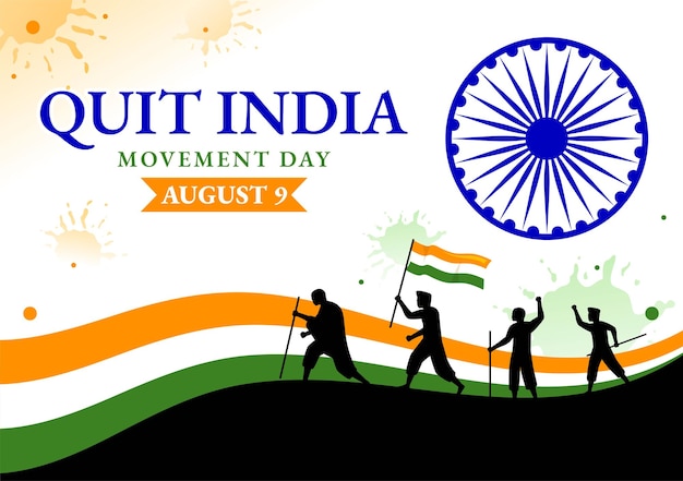 Vector quit india movement day vector illustration on 9 august with indian flag and people silhouette