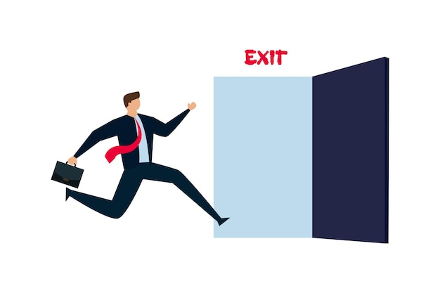 Quit routine job businessman worker in suit running in hurry to emergency door with the sign exit