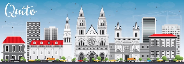 Quito Skyline with Gray Buildings and Blue Sky. Vector Illustration. Business Travel and Tourism Concept with Historic Architecture. Image for Presentation Banner Placard and Web Site.