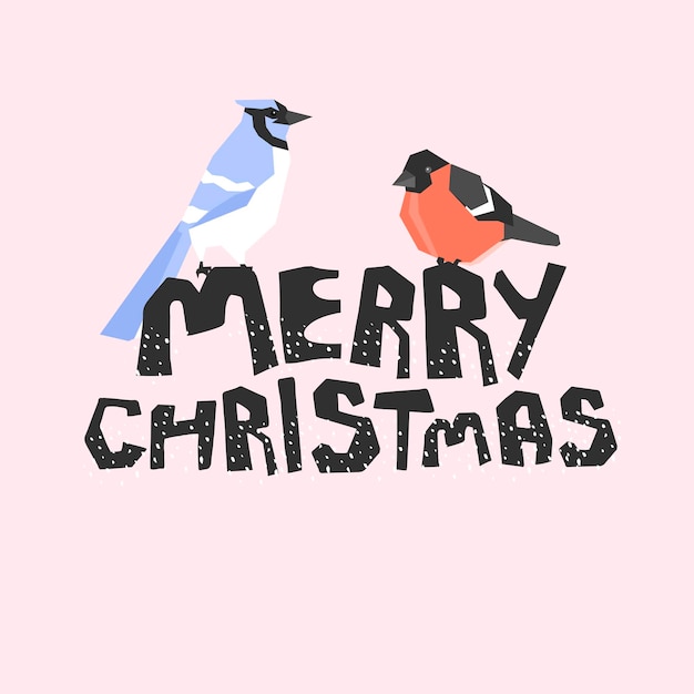 Quote merry Christmas blue and red birds Isolated on pink background Vector illustration Poster