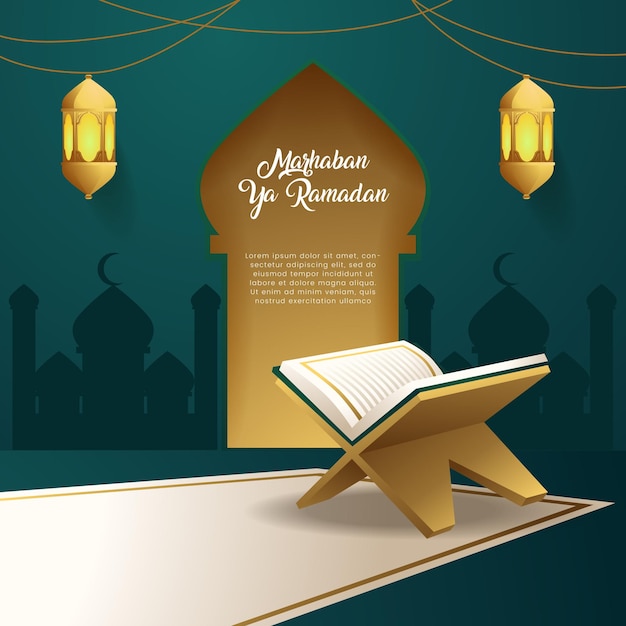 Quran Elegant With lamp Ramadan Kareem Concept Islamic Culture Green Background