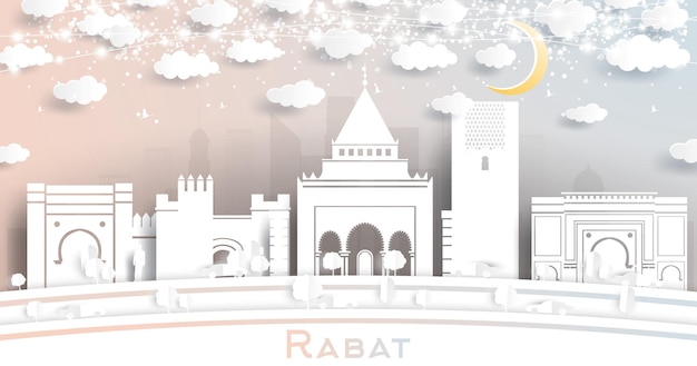 Rabat Morocco City Skyline in Paper Cut Style with White Buildings Moon and Neon Garland