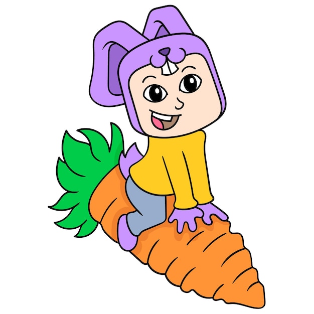 The rabbit animal is playing on a giant carrot, vector illustration art. doodle icon image kawaii.