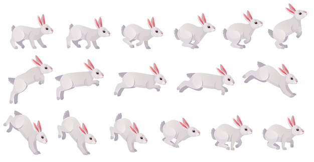 Rabbit animation Bunny jump or animated running motion cycle for 2d game speed run hare body animal sequence frame set sprite sheet different move ingenious vector illustration