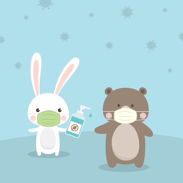 Rabbit and Bear Cartoon Character wearing  medical mask. Cleaning hands with hand sanitizer alcohol gel to protect against coronavirus (COVID-19)  illustration concept.