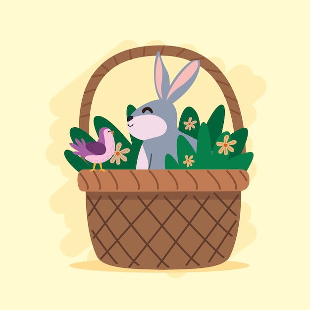 Rabbit and bird in spring basket