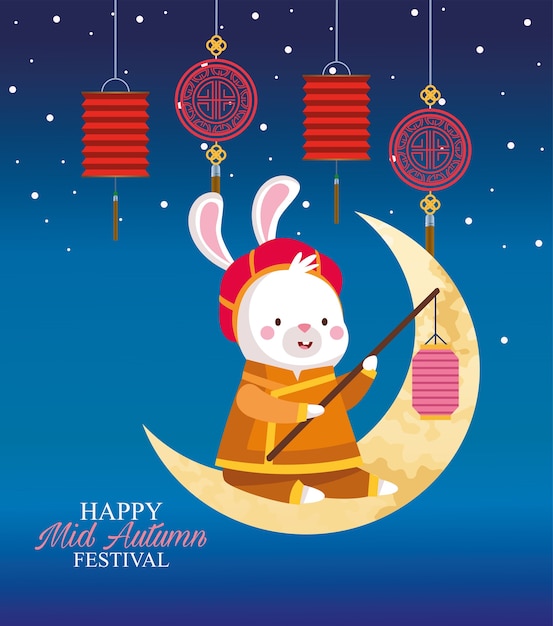 Rabbit cartoon in traditional cloth on moon and lanterns design, Happy mid autumn harvest festival oriental chinese and celebration theme