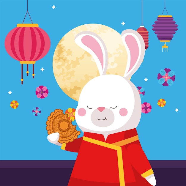 Rabbit cartoon in traditional cloth mooncake moon and lanterns design, Happy mid autumn harvest festival oriental chinese and celebration theme