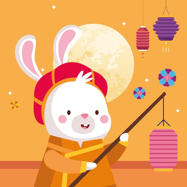 Rabbit cartoon in traditional cloth with lantern design, Happy mid autumn harvest festival oriental chinese and celebration theme