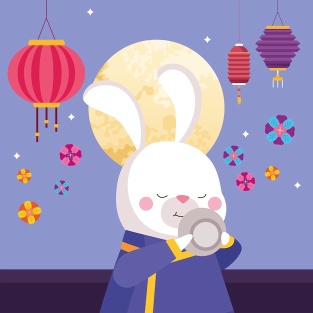 Rabbit cartoon in traditional cloth with tea cup and lanterns design, Happy mid autumn harvest festival oriental chinese and celebration theme