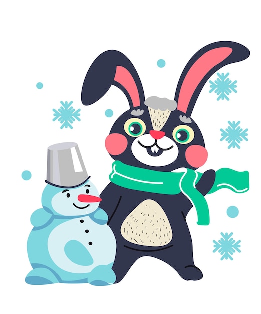 Rabbit character wearing scarf sculpting snowman