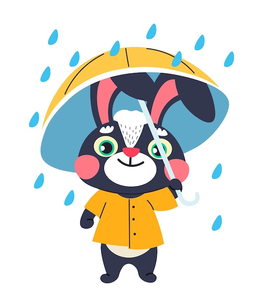 Rabbit character with umbrella standing under rain