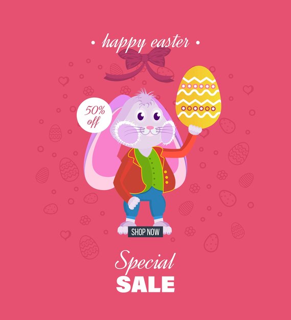 Rabbit in clothes holding an Easter egg in his hand