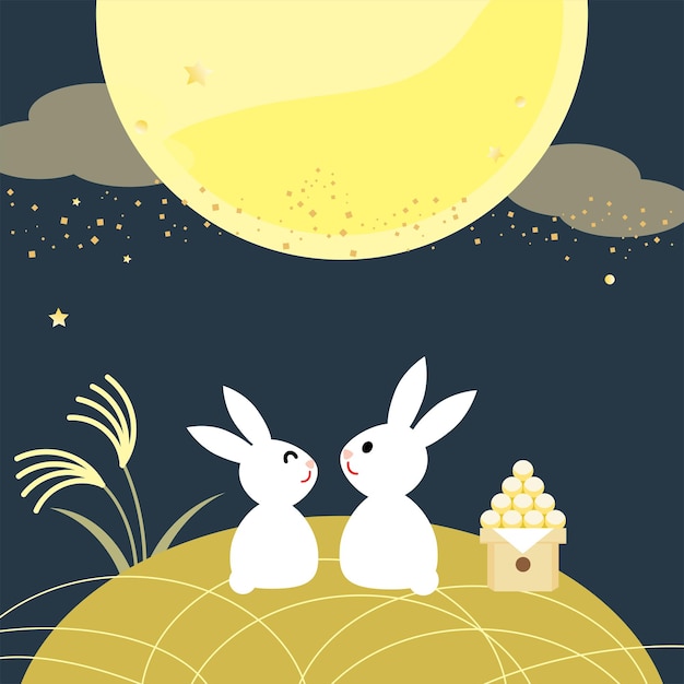 Vector rabbit and dumpling and japanese pampas grass of viewing the moon